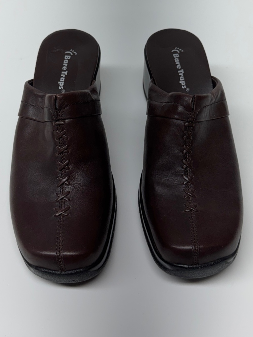 BareTraps Triple Brown Leather Wedge Mules Clogs Size 7.5 Medium